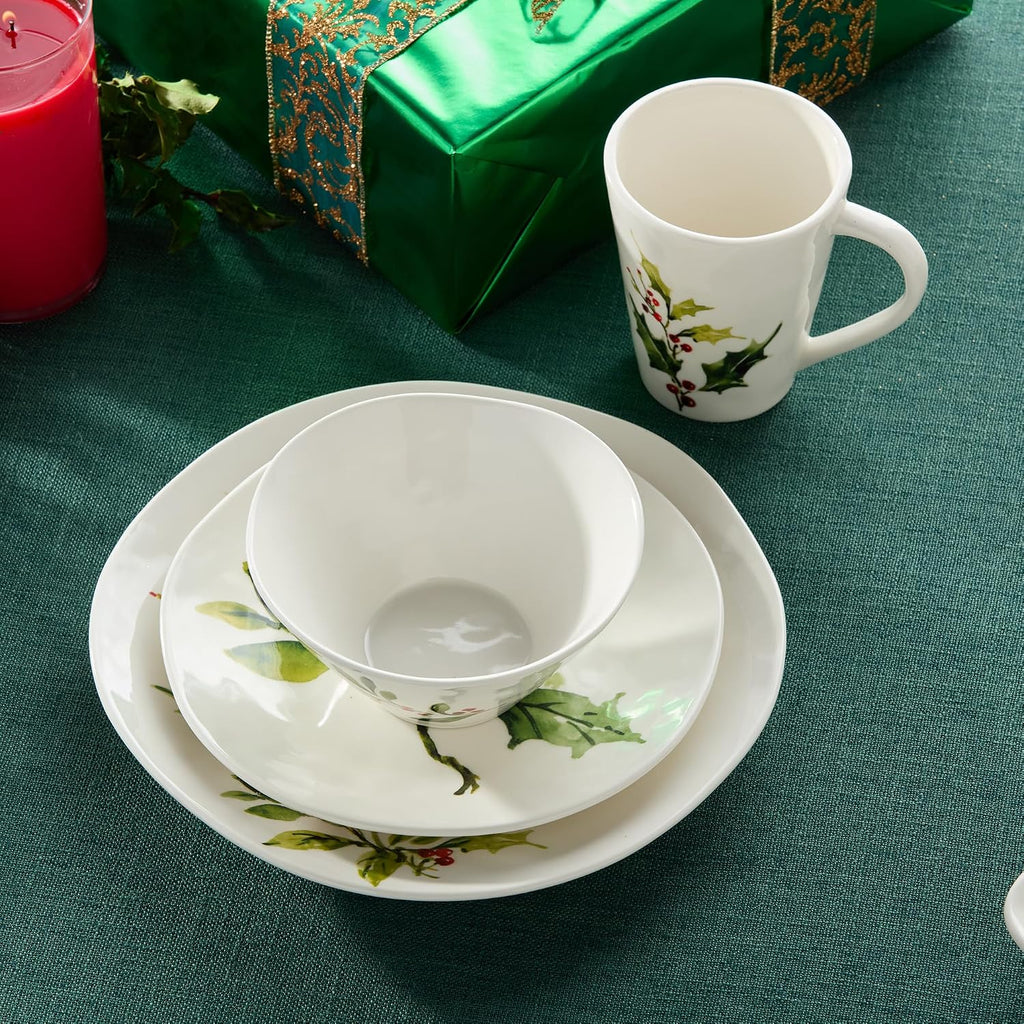 Holly and Vines Christmas Dinnerware Set - Piece Stoneware Service for 4 with Artist-Designed Holiday Plates, Mugs