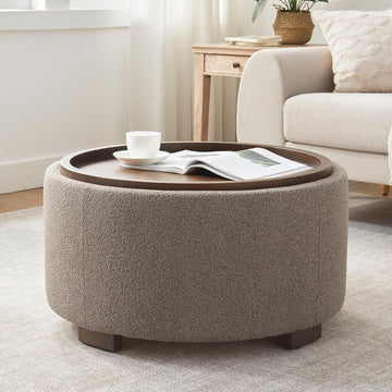 30 Inch Round Storage Ottoman, Ottoman Coffee Table with Lift Off Lid, Boucle Modern Ottomans with Storage s (Brown)