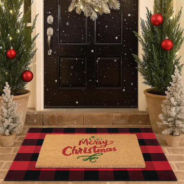 Christmas Door Mat Combo Set - 100% Coco Coir Welcome Mat + 28 x 43 Inch Red and Black Plaid Rug, New Year Holiday
