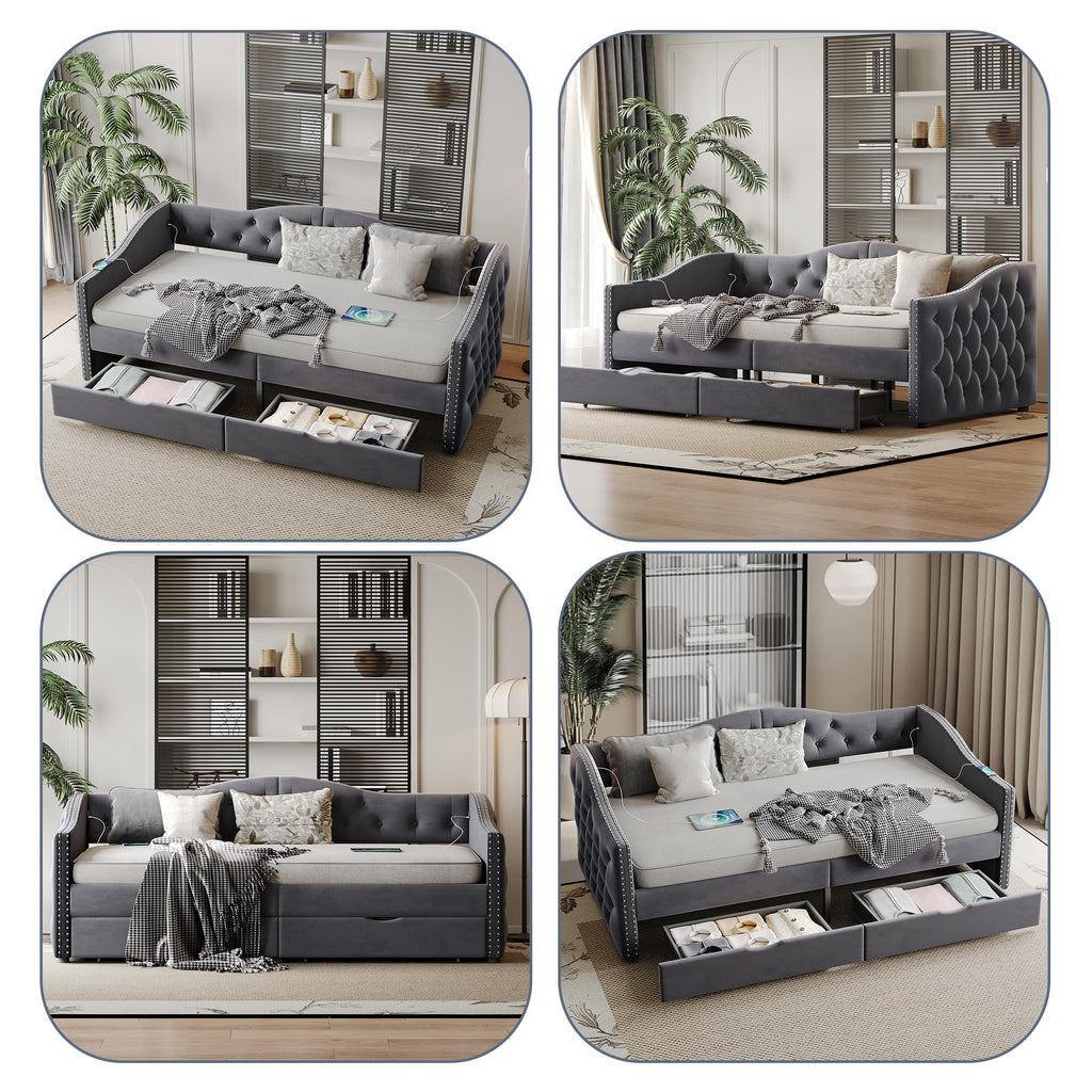Twin Daybed with Storage, Upholstered Daybed with USB Charger and Two Storage Drawers, Button Tufted Velvet Twin Day