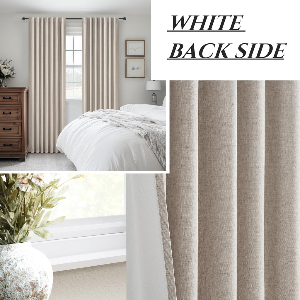 Grayish Flax Linen Blend Black Out Curtains 96 Inch Long 2 Panels Set, Elegant Room Darkening Insulated Boho Window