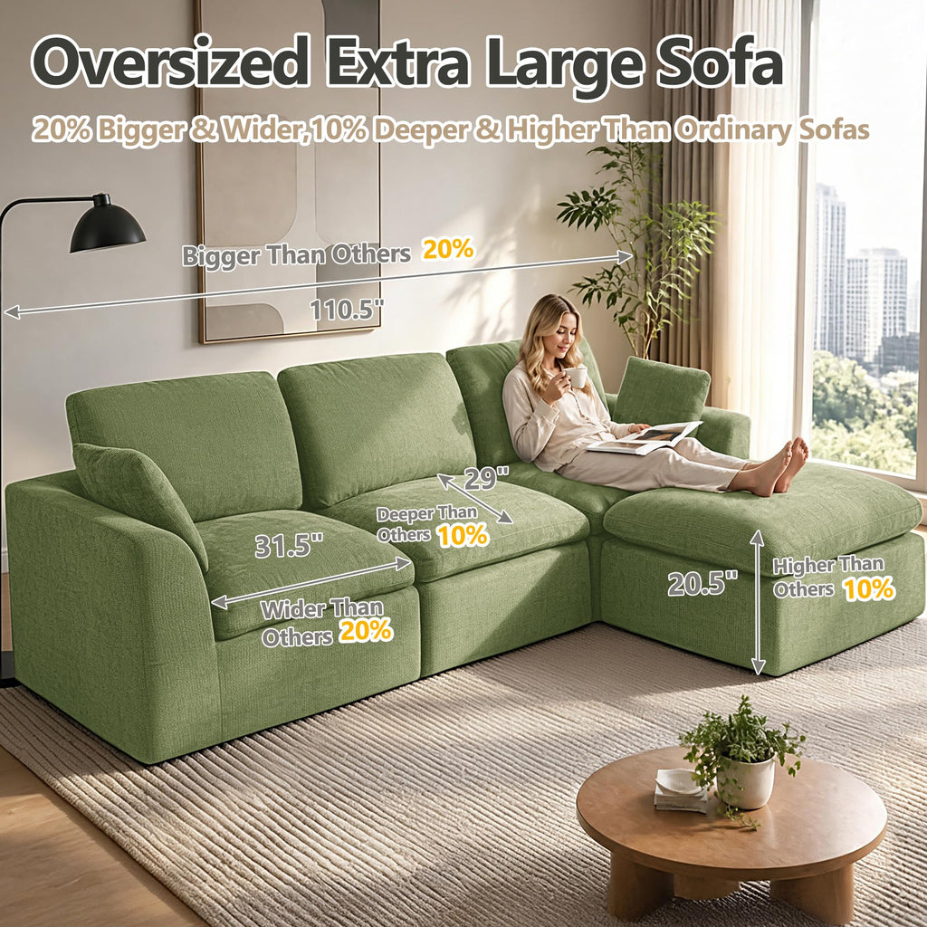 Oversized 240.5" Double-Layered and Soft Cloud Couch Modular Sectional Sofa Boneless Couches 9-Seater U-Shape Couch