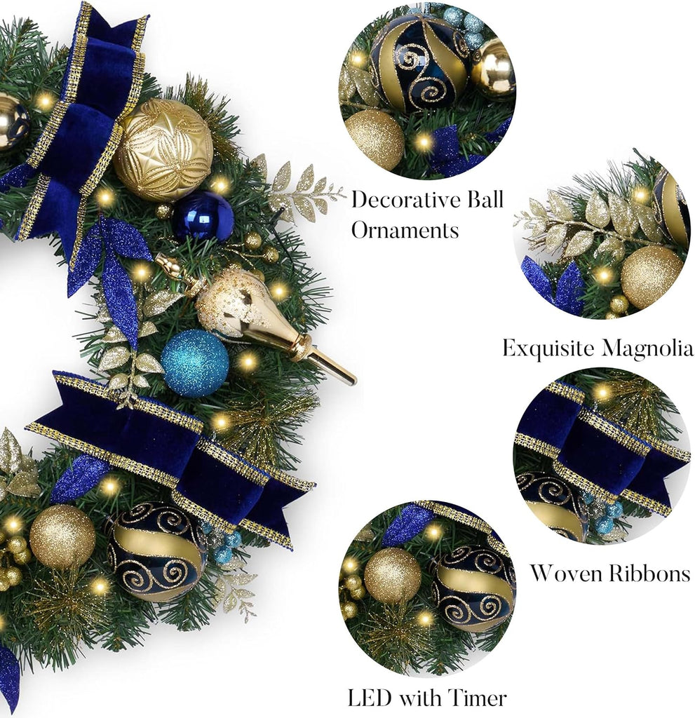 24" Pre-Lit Large Christmas Wreath for Front Door Blue Gold