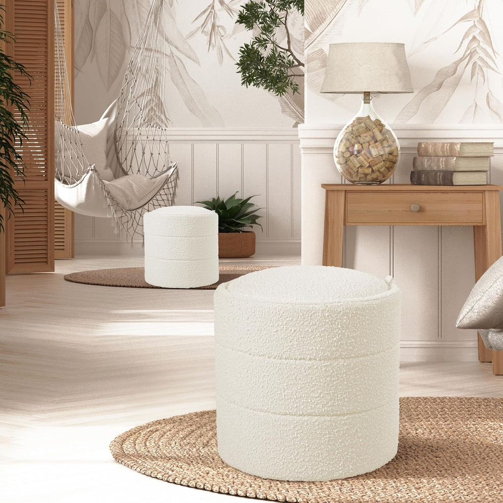 18" Storage Round Ottoman - Cream Boucle