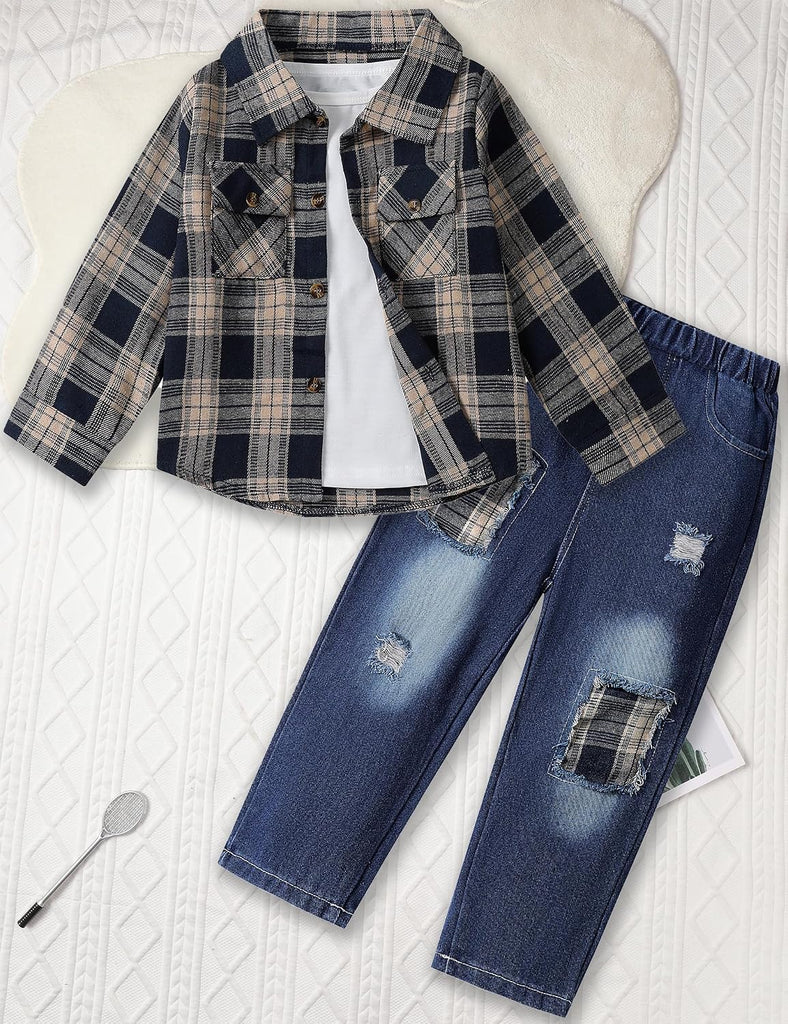 Toddler Boy Clothes Plaid Shirt Jacket White T-shirt and Jeans Pants 3PCS Boys Fall Winter Outfits