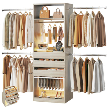 Closet System, 4-8 FT Closet Organizer with 3 Wood Drawers & Glass Top, Oak