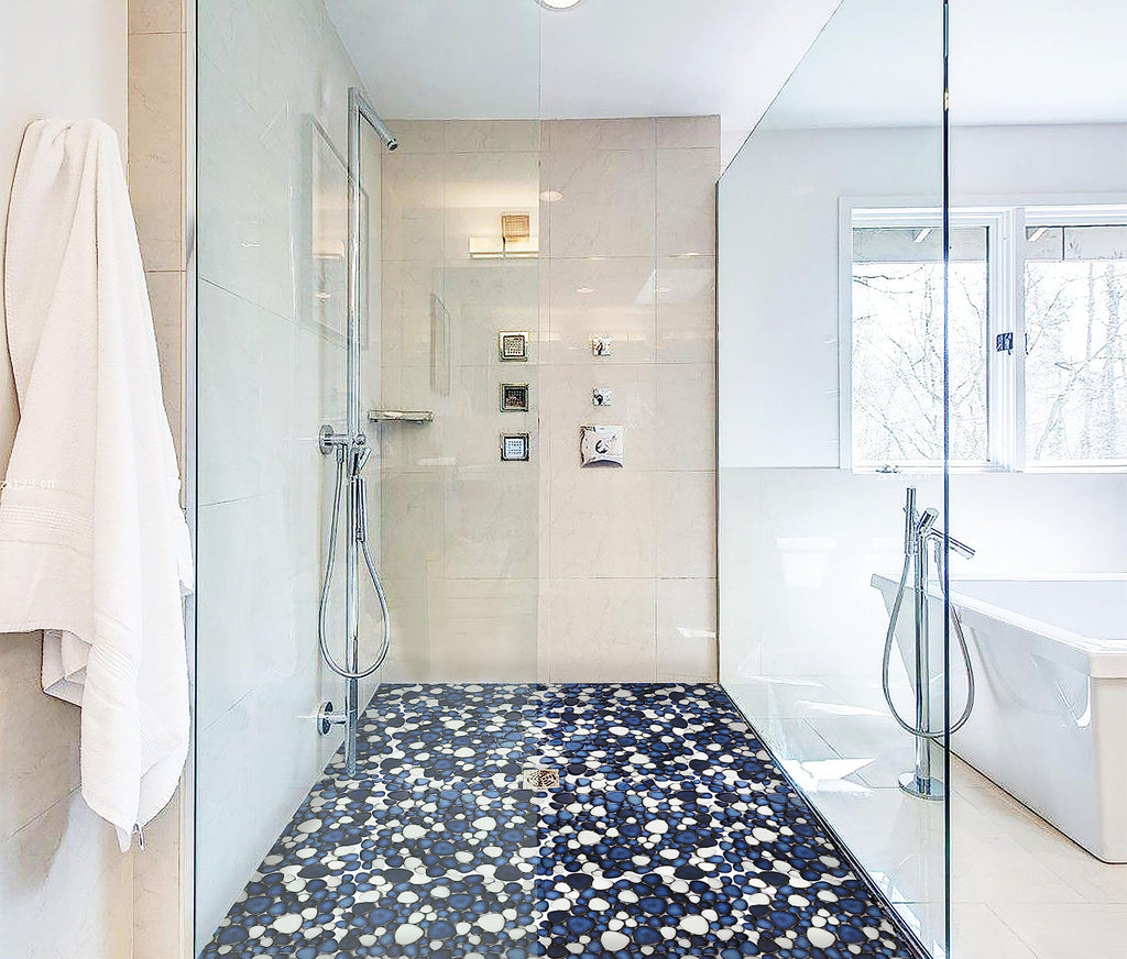 Pebble Ceramic Tiles 5 Sheets, Heart-Shaped 12x12 Floor Tile Ceramic, Dark Blue Mosaic Tiles Mesh Mounted, Waterproof