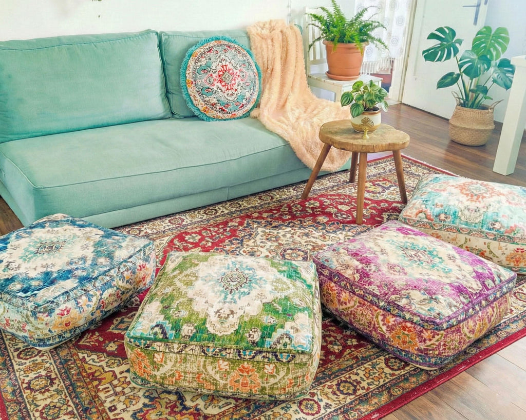 Blue Square Floor Pillow Cover Large Yoga Décor Cushion Moroccan Pouf Ottoman Boho Furniture