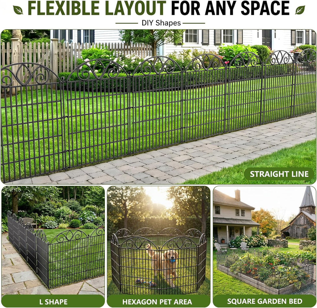 10 Panels No Dig Tall Garden Fence with Gate - 44" H X 23.6' L Rustproof Metal Dog Fence Outdoor for Yard, Decorative