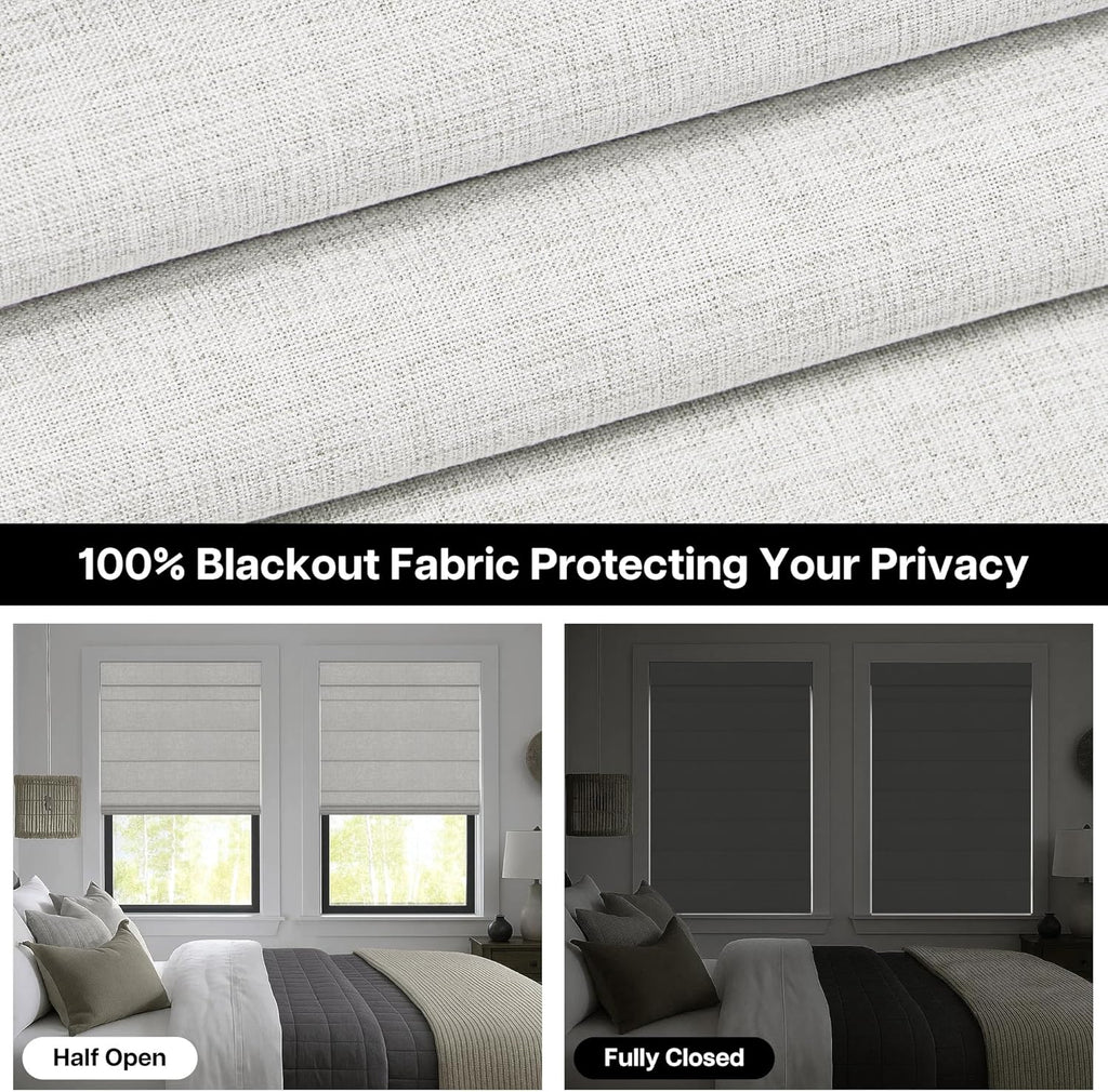 No Drill Roman Shades, Blackout, 34" W x 64" H, Natural | Cordless Blackout Window Shades with UV Protection