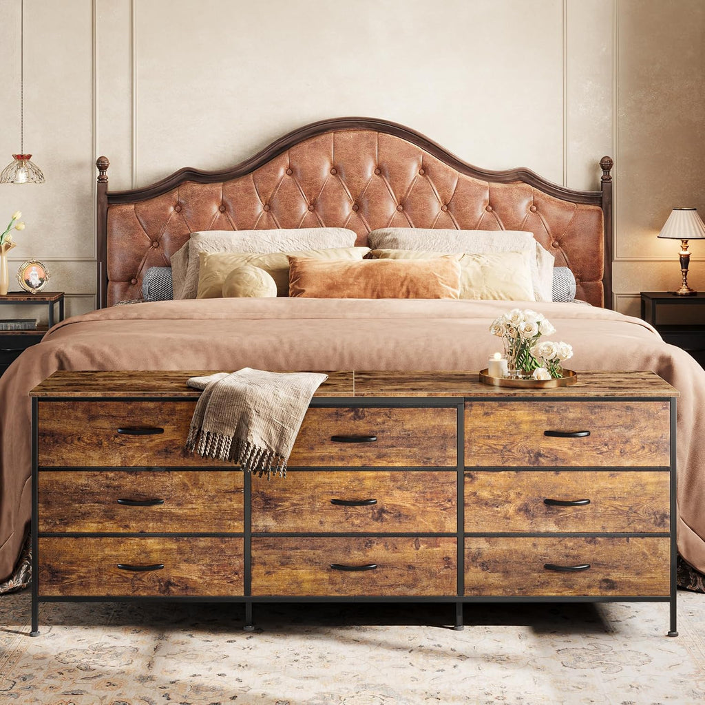 63 Inch Dresser , Dresser for Closet with 9 Fabric Drawers, Large TV Stand for 55, 65, 70 Inch TV, Entertainment