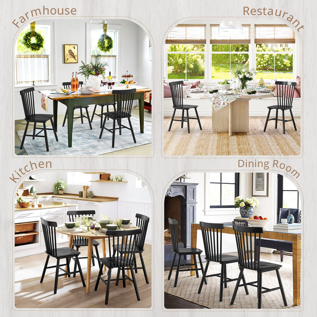 Windsor Dining Chair, Dining Chairs Set of 6, Spindle Back Wood Kitchen Chairs Wooden, Farmhouse Dining Chairs, Black