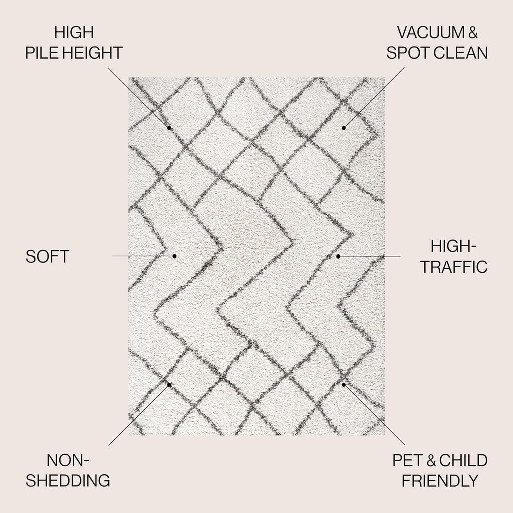 Diamond Shag Beige/Dark Gray Indoor Area Rug, Inca Moroccan, Easy-Cleaning, High Traffic, Pet-Friendly