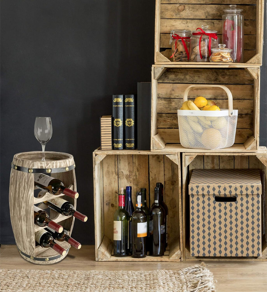 Modern Alexander Wine Rack - Freestanding Wooden Barrel Wine Holder for 8 Wine Bottles, Bottle Rack Floor Stand