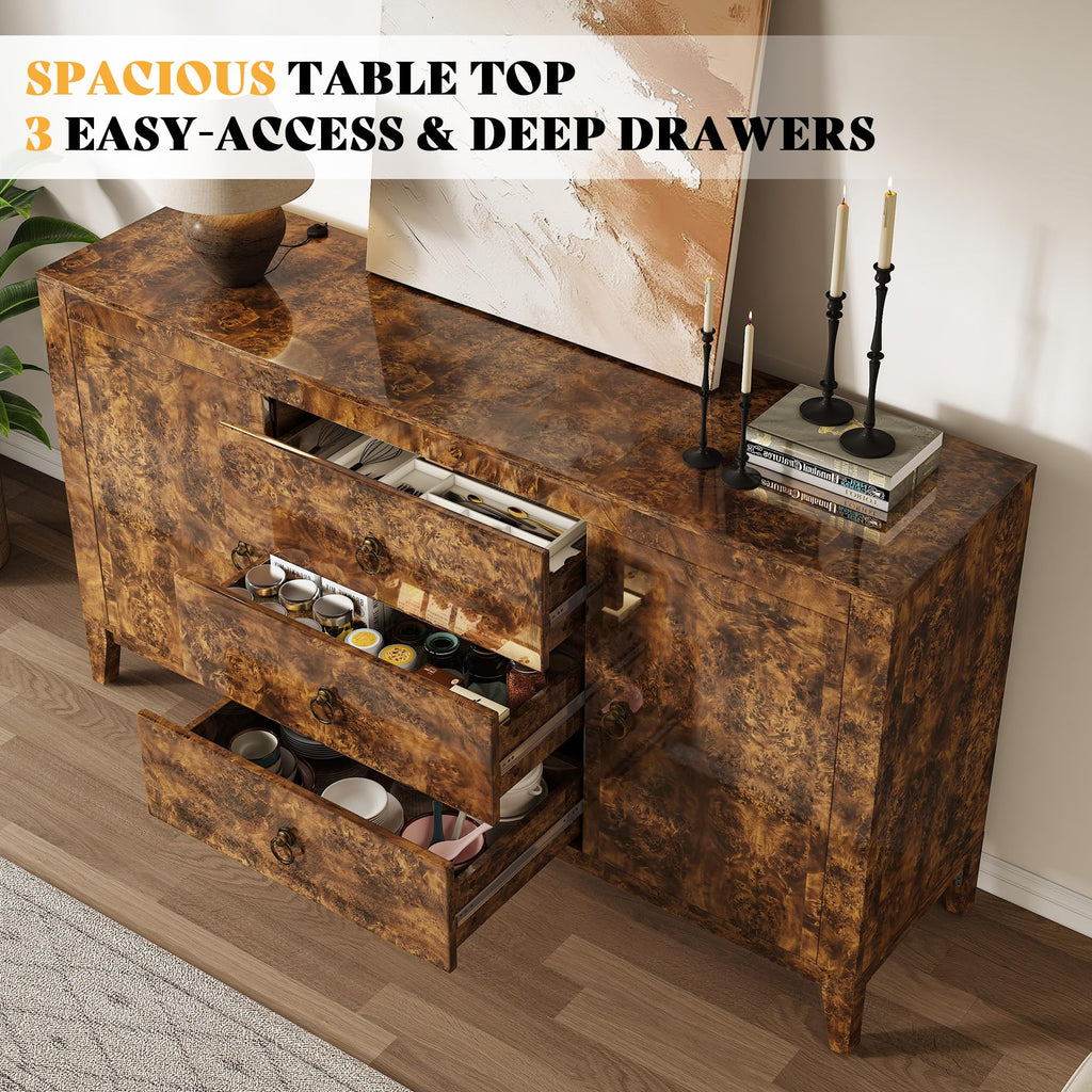 60" High Gloss Burl Buffet Sideboard Storage Cabinet with Drawers