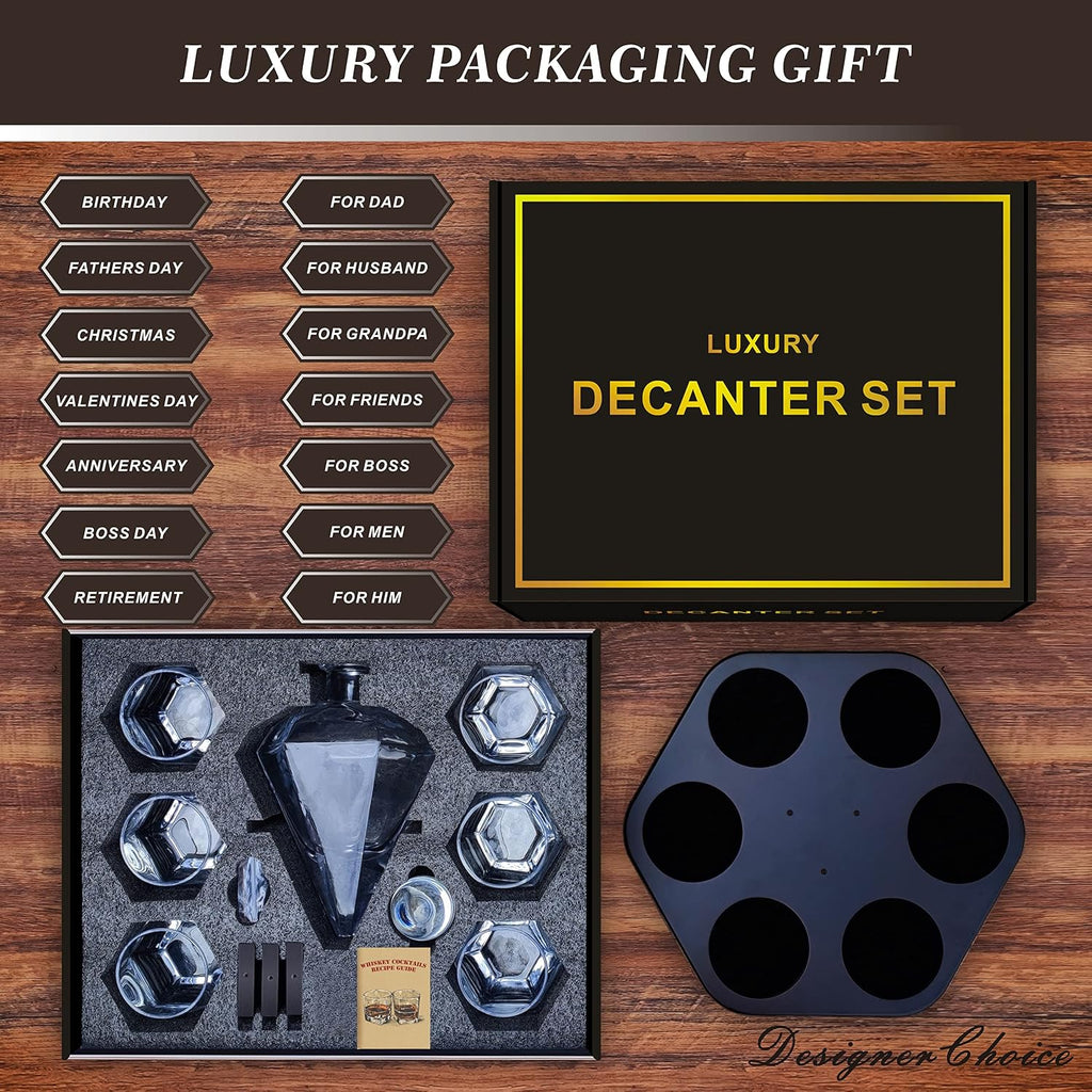 6-Glasses Diamond Whiskey Decanter Set Tequila Liquor Decanter Sets for Men - Set of 9