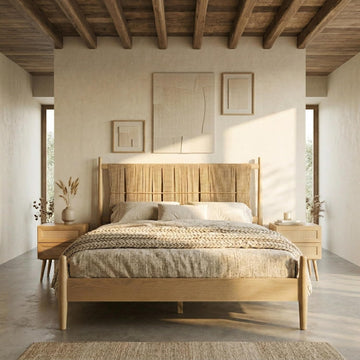 Marenzo Queen Platform Bed with Handwoven Headboard - American Oak Veneer, Solid Oak Legs, Artisan Craftsmanship