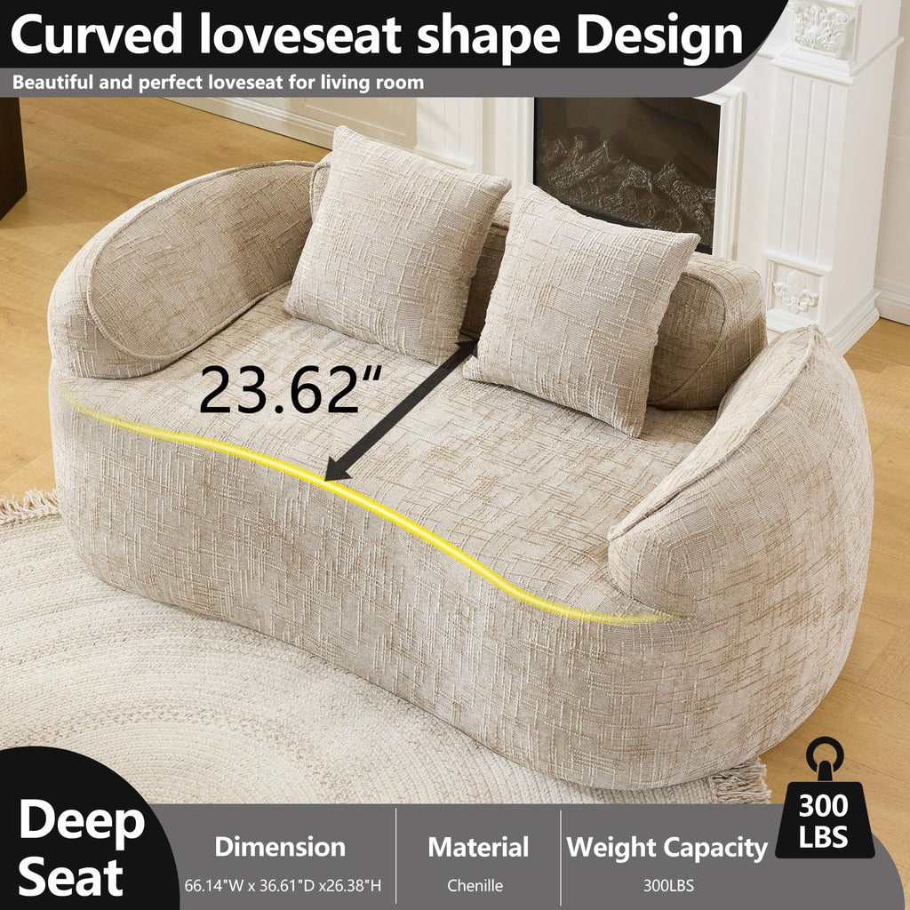 Modern 66" Curved Loveseat, Chenille Fabric, Deep Seat, Boneless