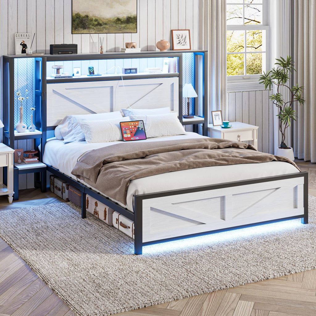 Rustic Bed Frame with Storage Born Door Headboard and Bedside Storage, Industrial Farmhouse Metal Platform