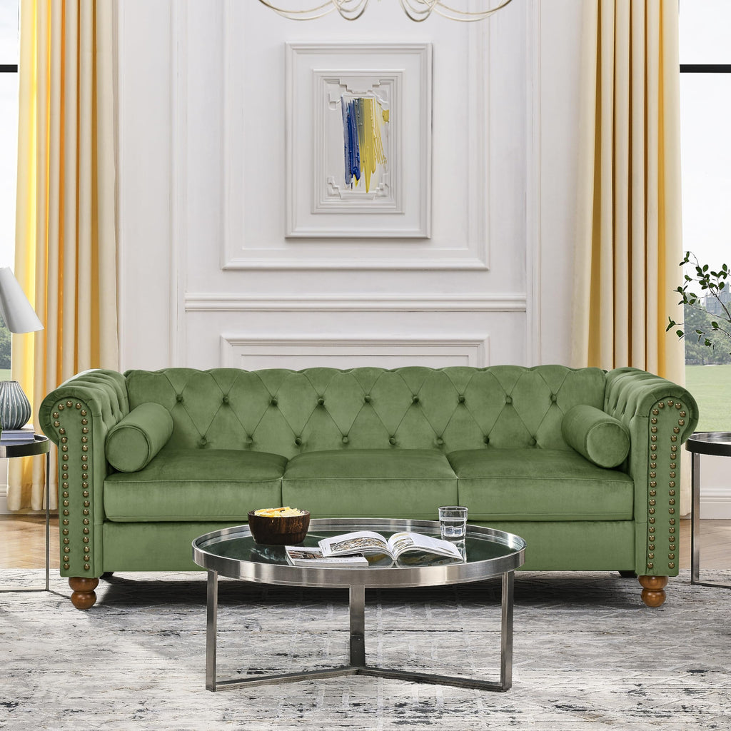80.3" Green Velvet Chesterfield Sofa with Nailhead Trim, 3-Seater Couch