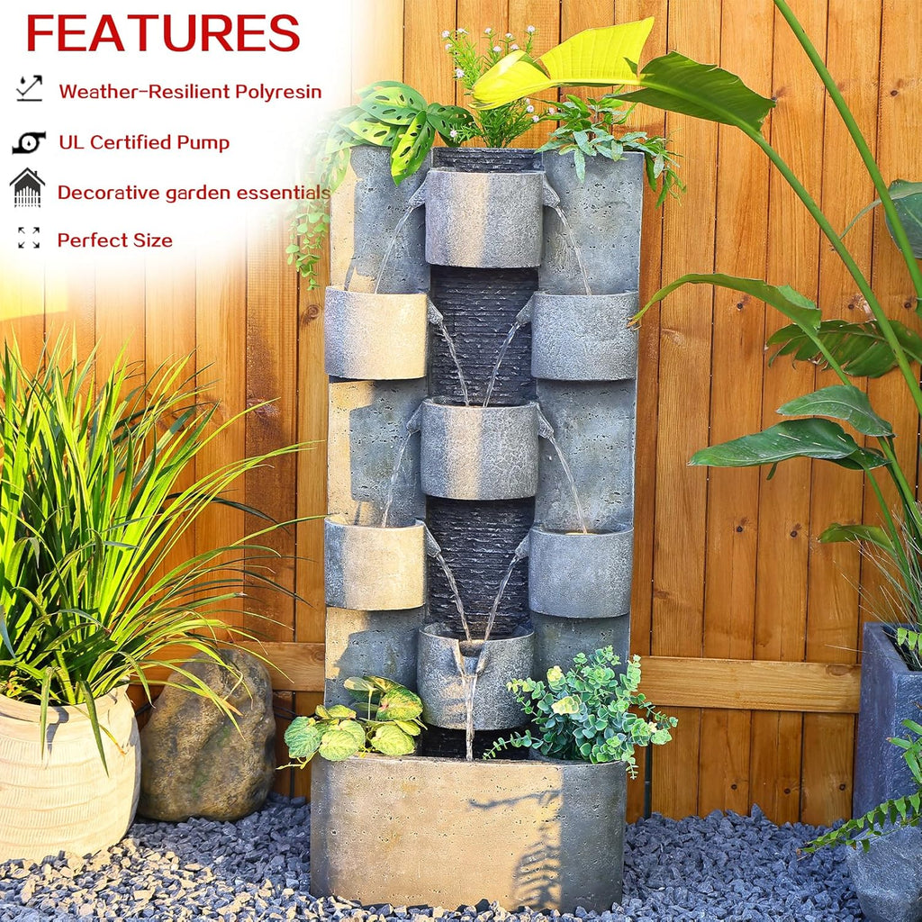 Outdoor Water Fountain Garden - Waterfall Large Water Feature Fountains with LED Lights & Pump