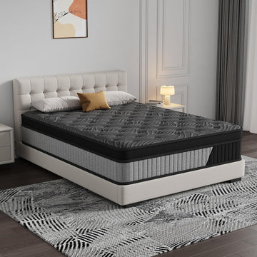 King Size 12 Inch Hybrid Mattress in a Box, Medium Firm Black and Gray Fabric Cover with Pocket Spring and Memory