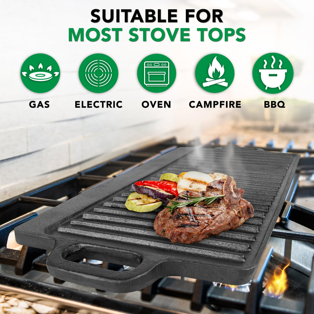 2-in-1 Reversible 19.5" x 9" Cast Iron Griddle with Handles, Preseasoned & Non-Stick for Gas Stovetop, Oven and Open