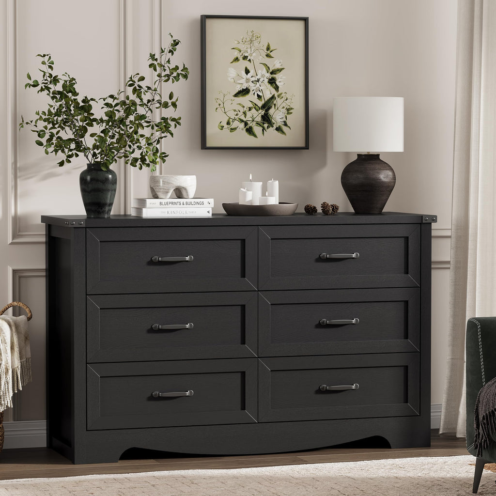 Dresser with 6 Drawers, 48" Wide Wood Chest of Drawers with Deep Drawers & Mental Handle, Modern Dresser TV Stand