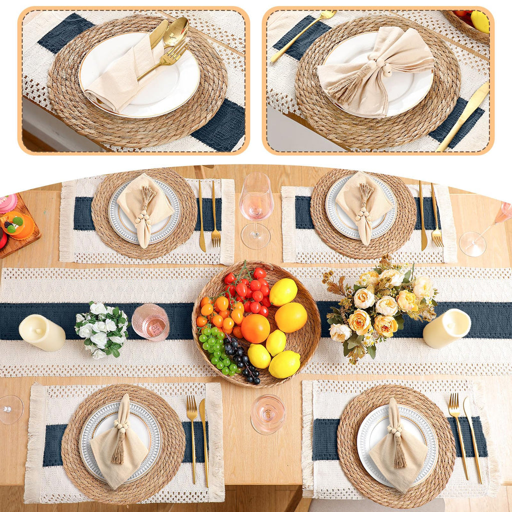 6 Sets Boho Table Runner and Woven Round Placemats Set, Blue, 12x72