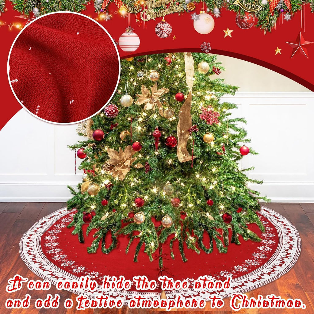 72 Inch Red Christmas Tree Skirt for 7.5 ft to 12ft Tree, Extra Large Vintage Christmas Knitted Tree Skirt Snowflake