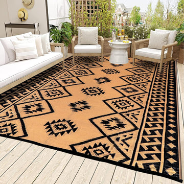 Outdoor Rug Waterproof Patio Rug Plastic Rug Black & Brown