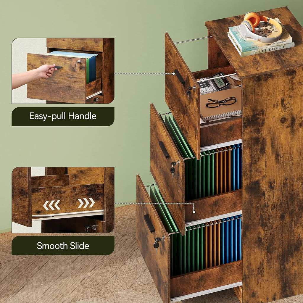 3 Drawer Wood File Cabinet , Fits Letter and A4 Size | Wooden Filing Cabinet with Lock, Vertical File Storage