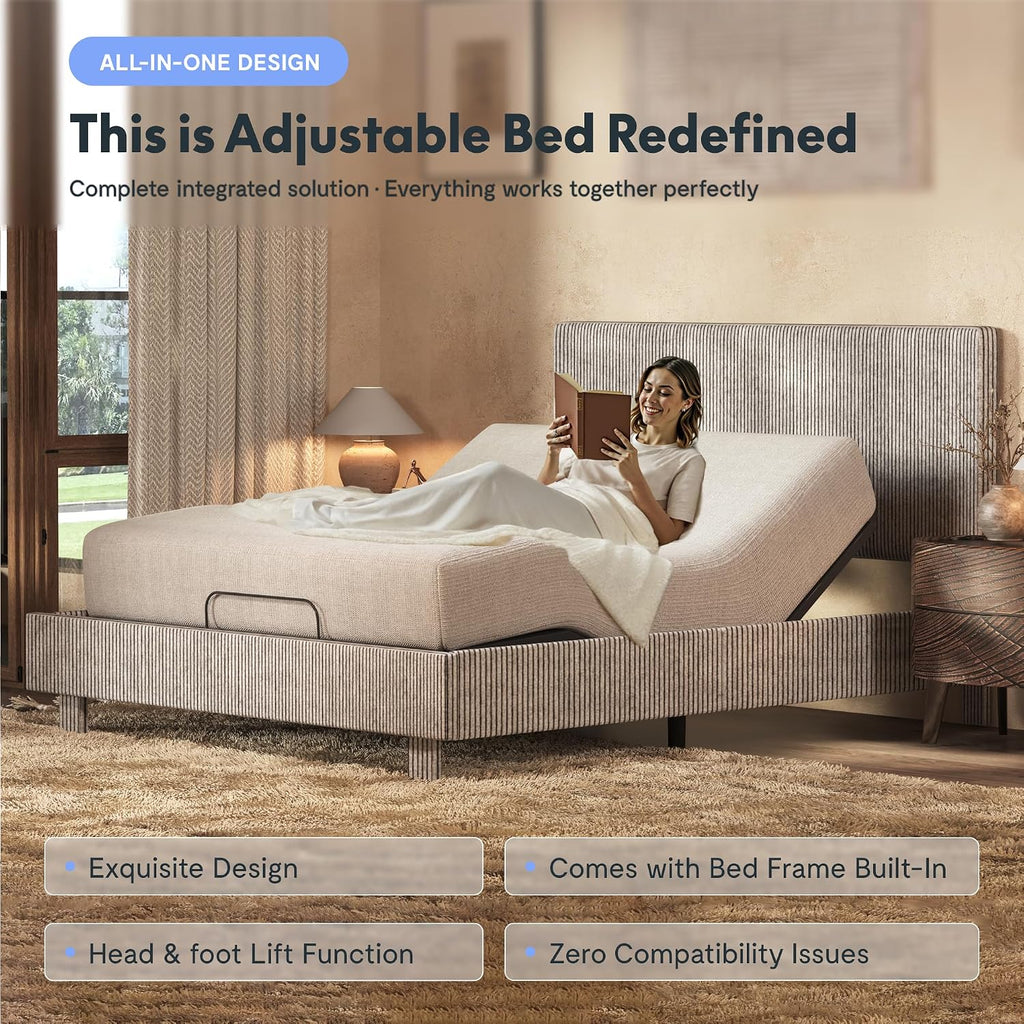 Queen Adjustable Bed with Velvet Upholstered Frame, Light Grey