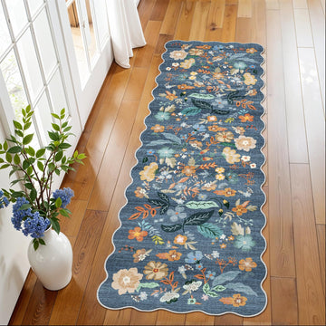 2x6 Washable Hallway Runner Rug: Blue Boho Floral Scalloped Kitchen Rug