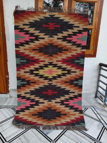 Art & Rugs 3'x5' Reversible Kilim Area Rug - Handwoven Wool & Jute Flatweave - Indoor/Outdoor Rug, Dining