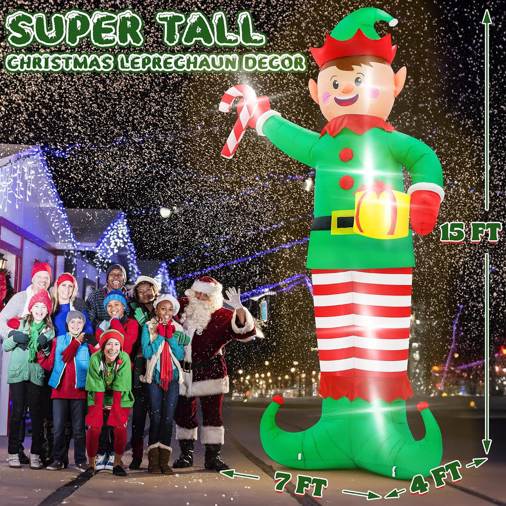 Christmas Inflatables, Giant 15 FT Christmas Elf Inflatable Outdoor Decoration, Blow Up Xmas Elf Holding Box, LED