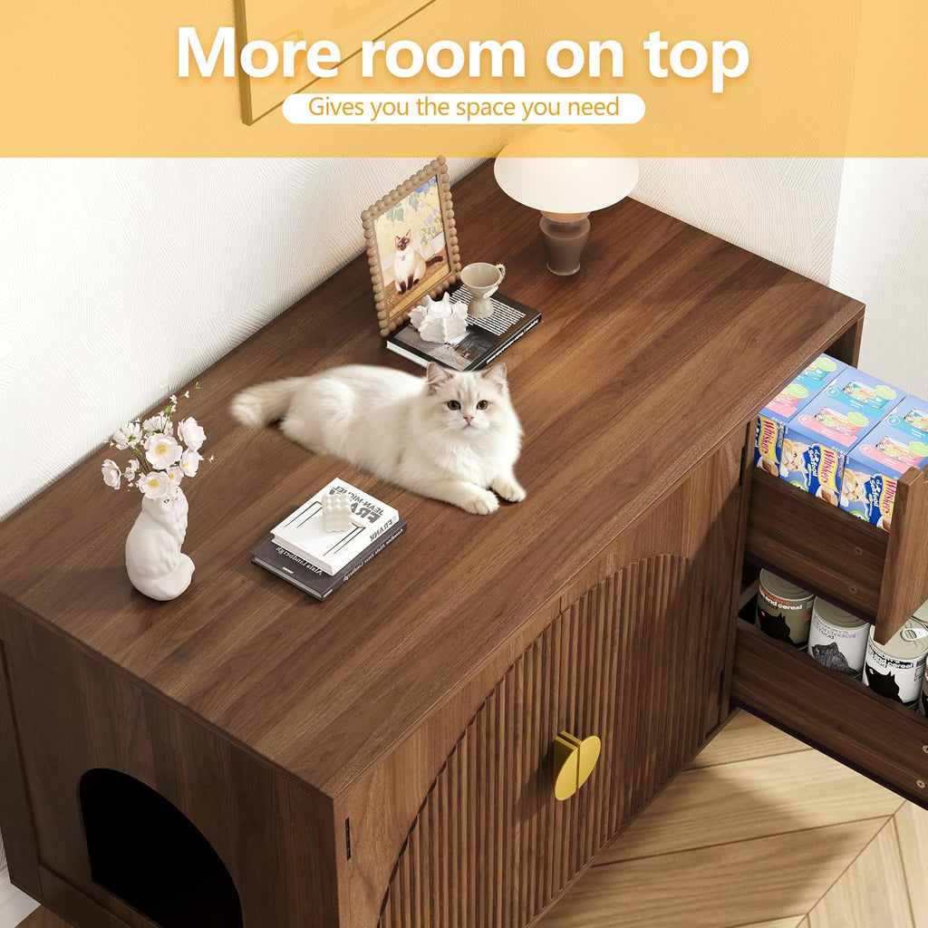 35.4" Wooden Fluted Cat Litter Box Enclosure with 2 Layer Drawers