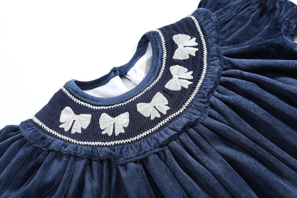 Baby and Girls Blue Velvet Silver Bows Smocked Ruffle Bishop Dress