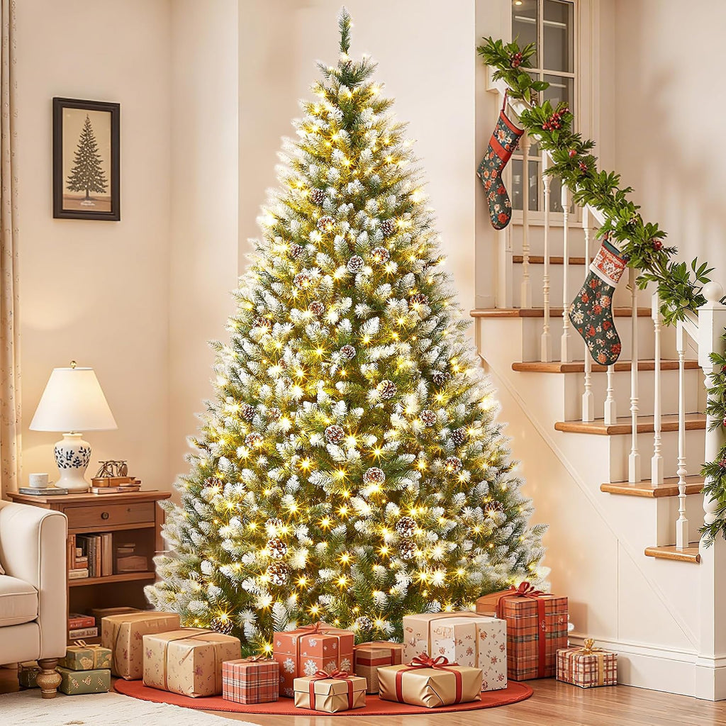 Pre-Lit Artificial Christmas Tree with 900 Warm White LEDs, Mixed Pinecone Decor, Sturdy Metal Base - Green