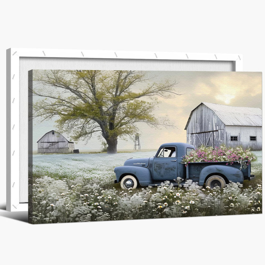 Farmhouse Old Truck Canvas Wall Art, Pictures Wall Art, Country Antique Pickup Truck Canvas Prints, Blue Truck With