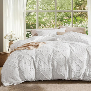 Boho Duvet Cover Queen - White Breathable & Soft Boho Bedding, Machine Washable Comforter Cover for All Seasons