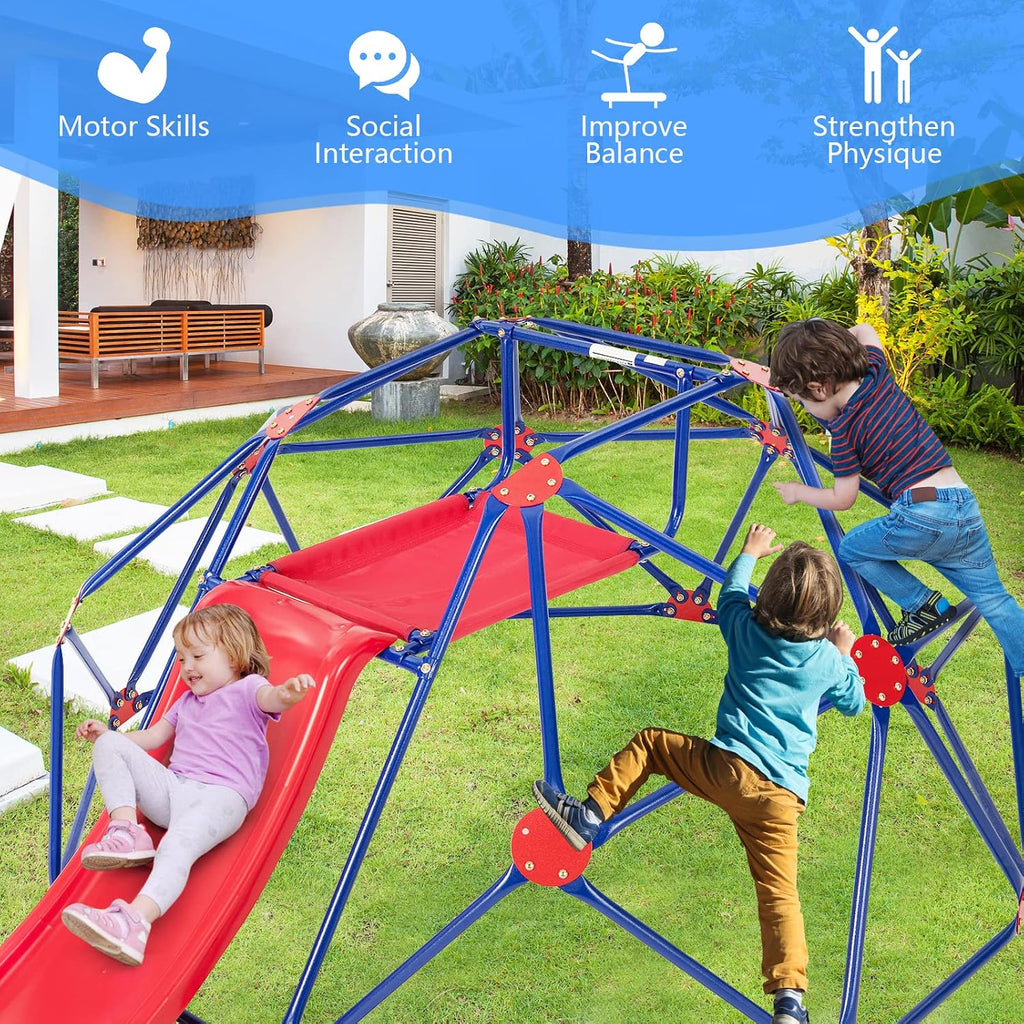 Climbing Dome with Slide, Kids Outdoor Jungle Gym Geometric Dome Climber, Steel Frame, 8FT Climb Structure Backyard