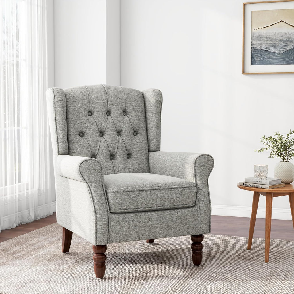 Button Tufted Wingback Accent Chair, Light Grey, Set of 1 | High Back with Side Wings | Armrest Nailhead Trim | Solid