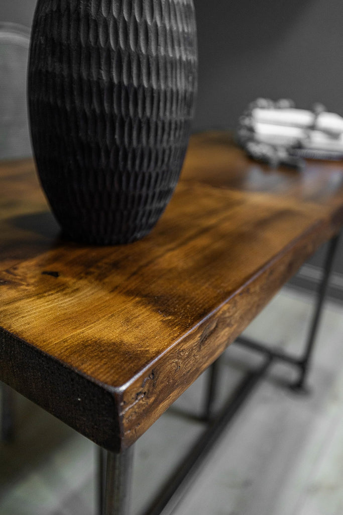 Industrial Pipe Desk Live Edge Top Vintage Table (Honey Pine) - Rustic Live Edge Slab Desk with Steampunk Pipe Legs