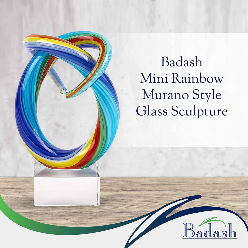 Mini Rainbow Murano-Style Glass Sculpture - 6" Tall Mouth-Blown Art on Crystal Base - Contemporary Home Decor Accent