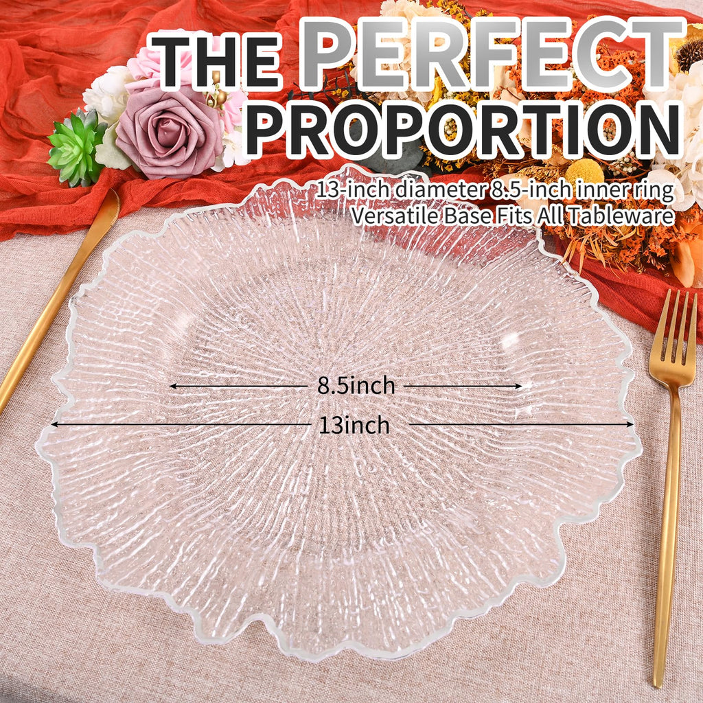 100Pcs Clear Charger Plates Bulk Wedding - 13" Premium Plastic Ruffled Silver Rim Chargers with Flora Reef