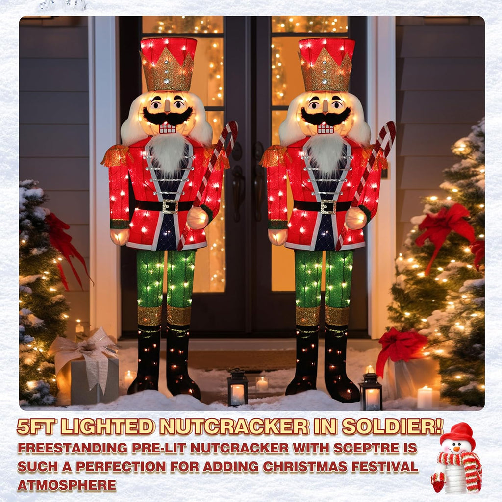 5FT Lighted Nutcracker with Candy Cane for Christmas Decoration, 3D Pre-Lit Iridescent Soldier Xmas Decor with 100