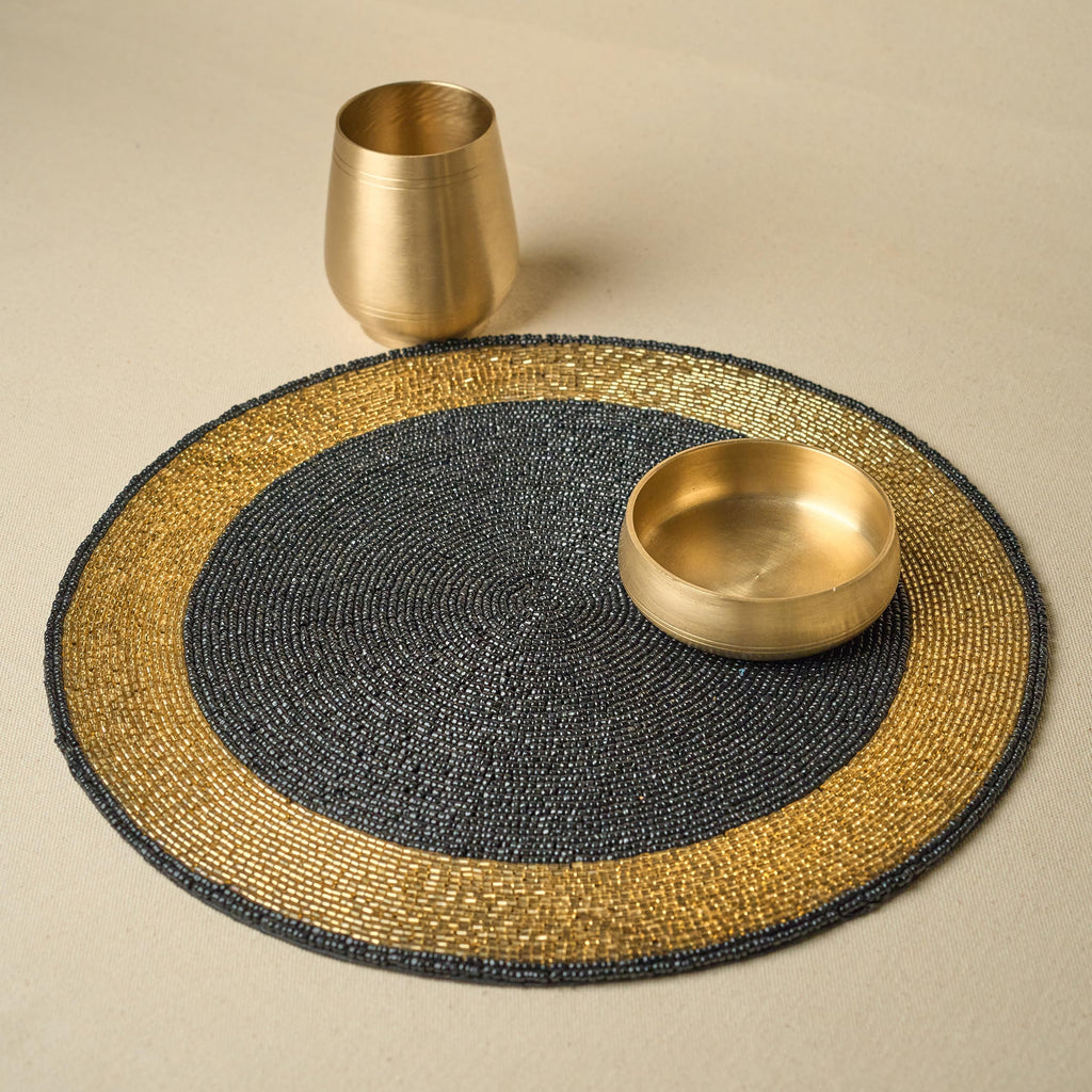 Black & Gold Beaded Placemat - 14" Space Tablemat Handmade Luxury Table Charger, Non-Slip Heat Resistant Dining &