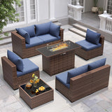 Furniture Set with Fire Pit Table, 8 Piece Sectional Sofas, All-Weather Wicker Conversation for Garden