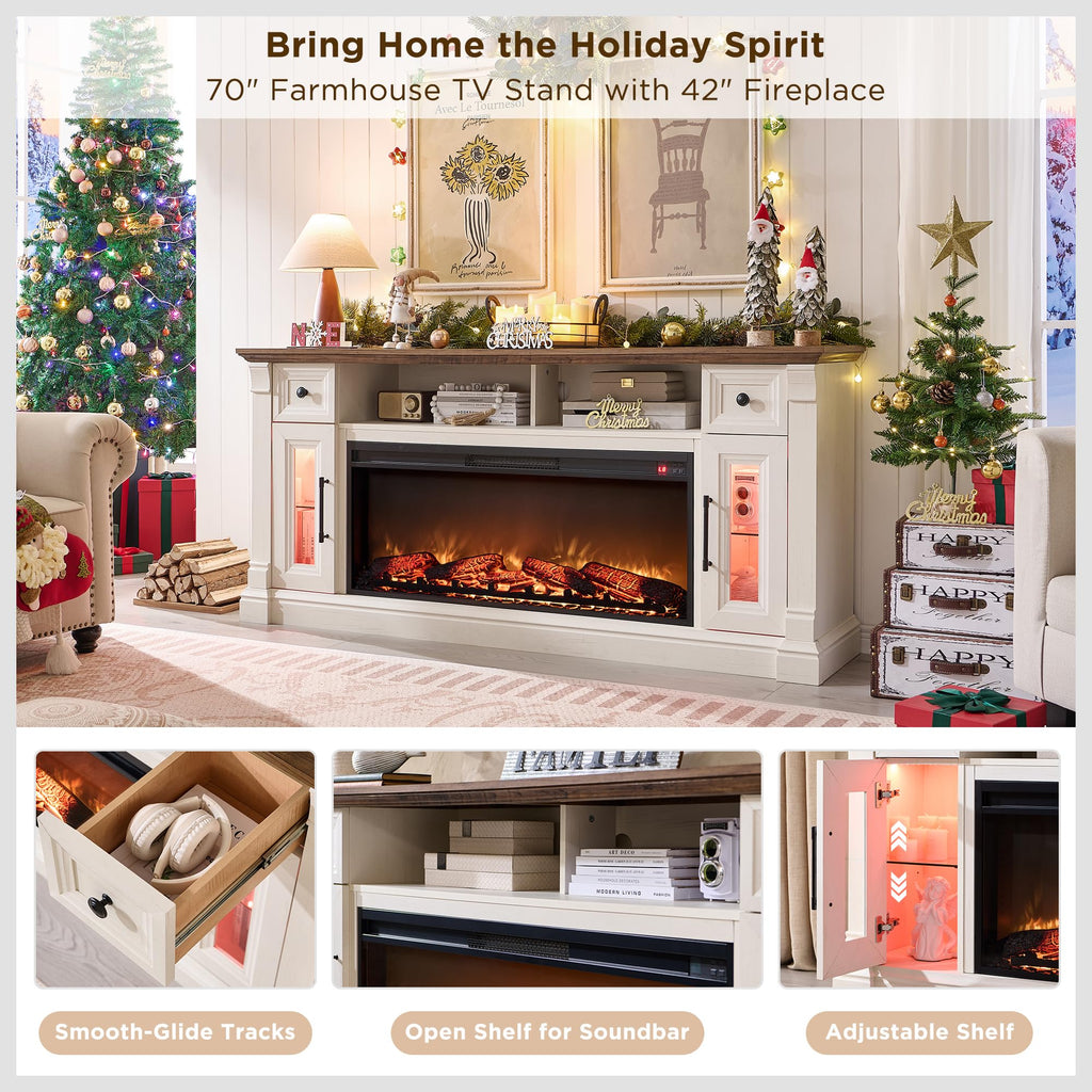 Farmhouse Fireplace TV Stand for 80" TV, Antique White
